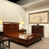 Rosewood Queen Size Chinese Platform Bed with Drawers and Two Night Stand