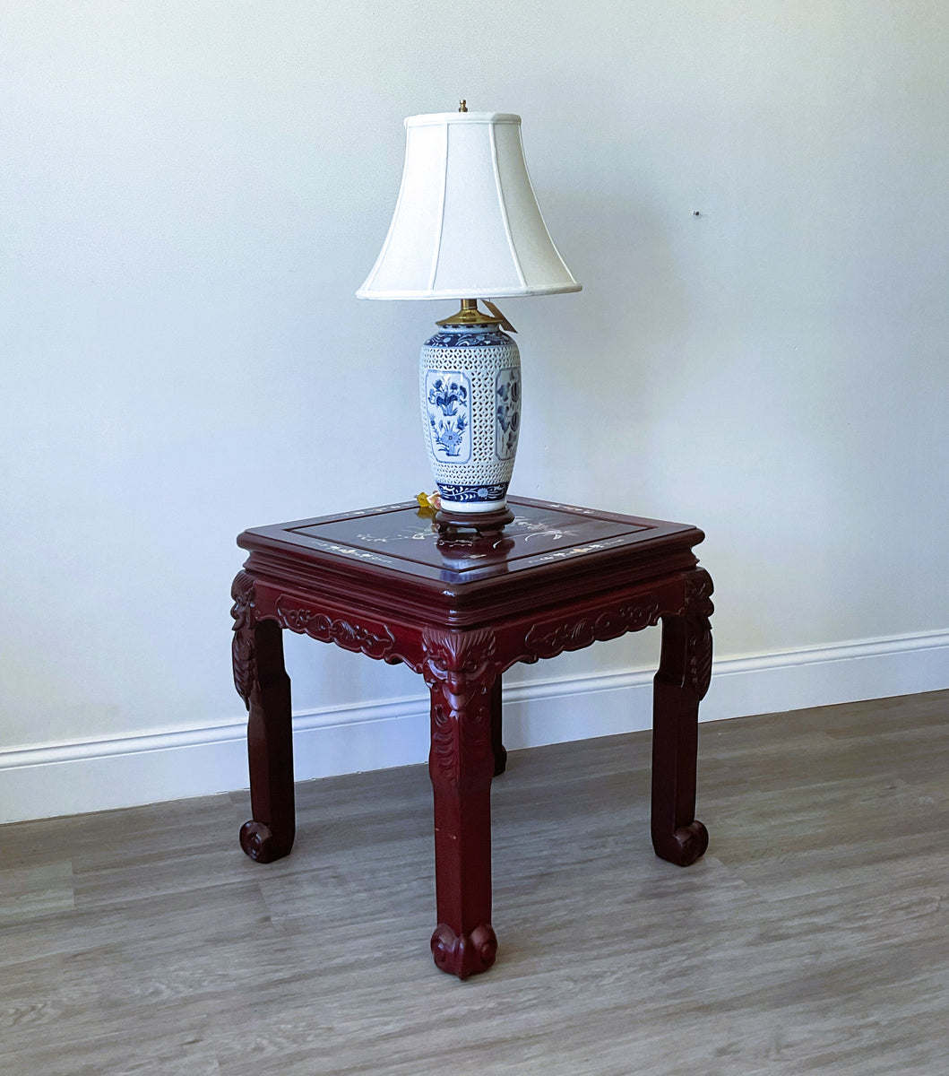 Vintage Chinese Rosewood Carved Inlaid Mother of Pearl Side Table