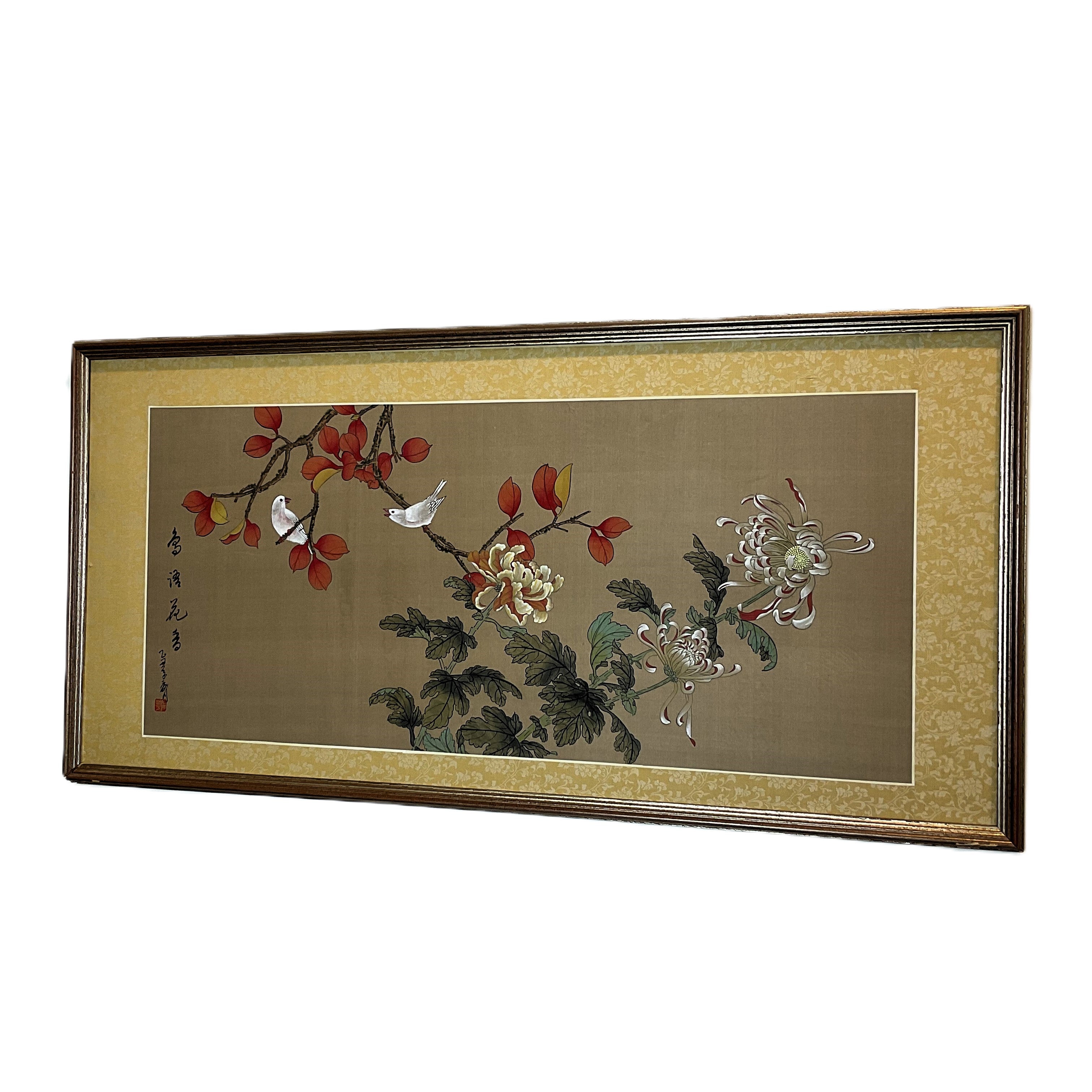 Vintage Chinese Floral Botanical Painting With Bird on Silk .