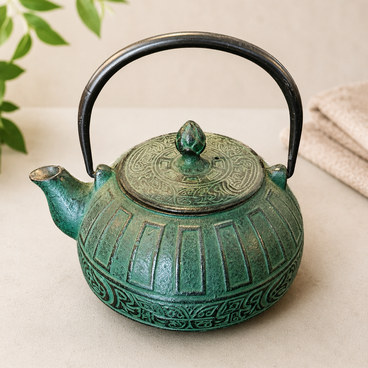 Vintage  Cast Iron Teapot with Green Patina