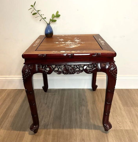 Vintage Chinese Rosewood Carved Inlaid Mother of Pearl Side Table End Table