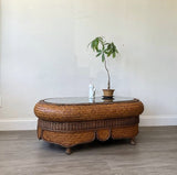 Vintage Bamboo Rattan Rectangle Coffee Table With Glasses