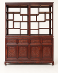 Chinese rosewood display cabinet with glass panels, four drawers and four carved doors