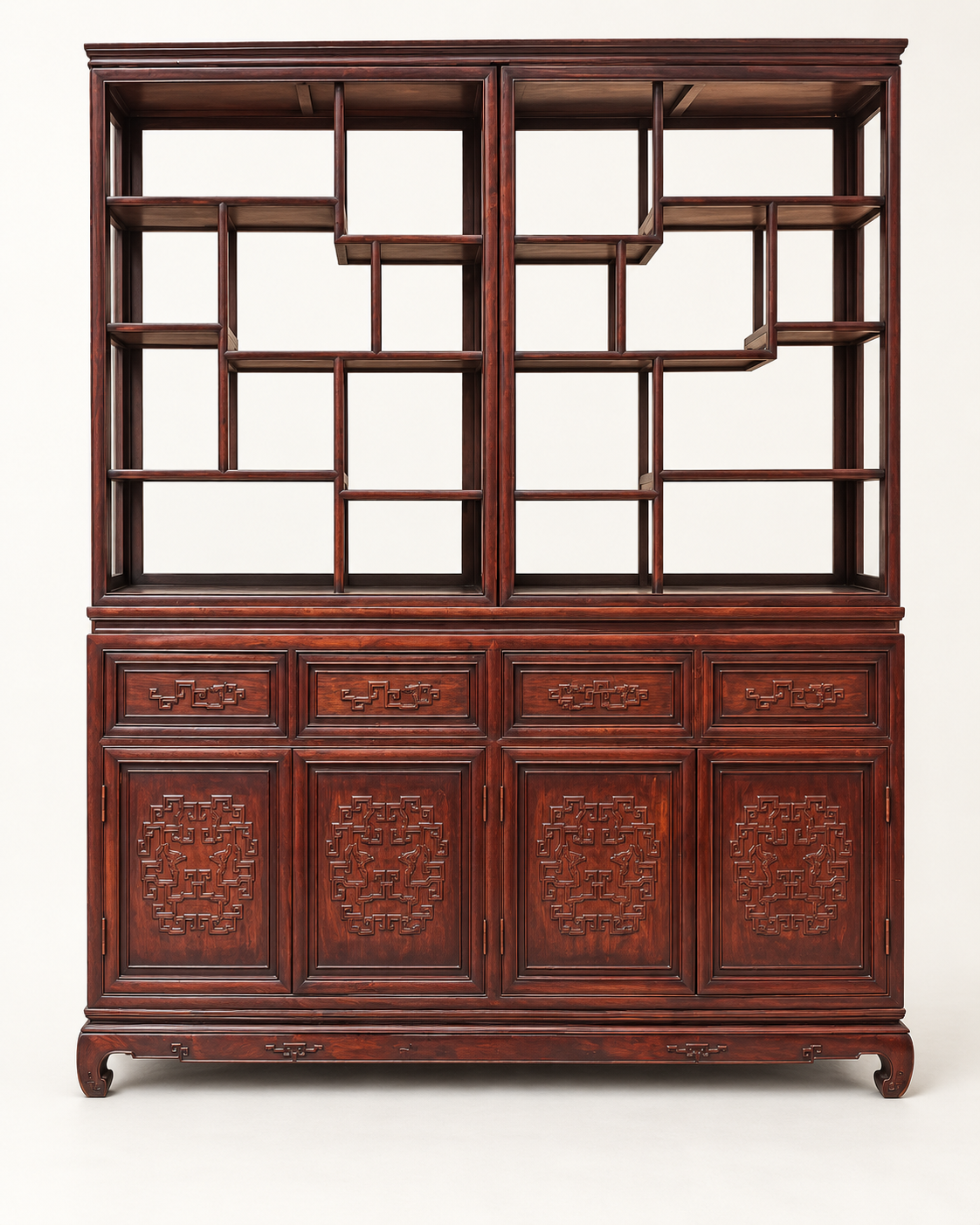Chinese rosewood display cabinet with glass panels, four drawers and four carved doors