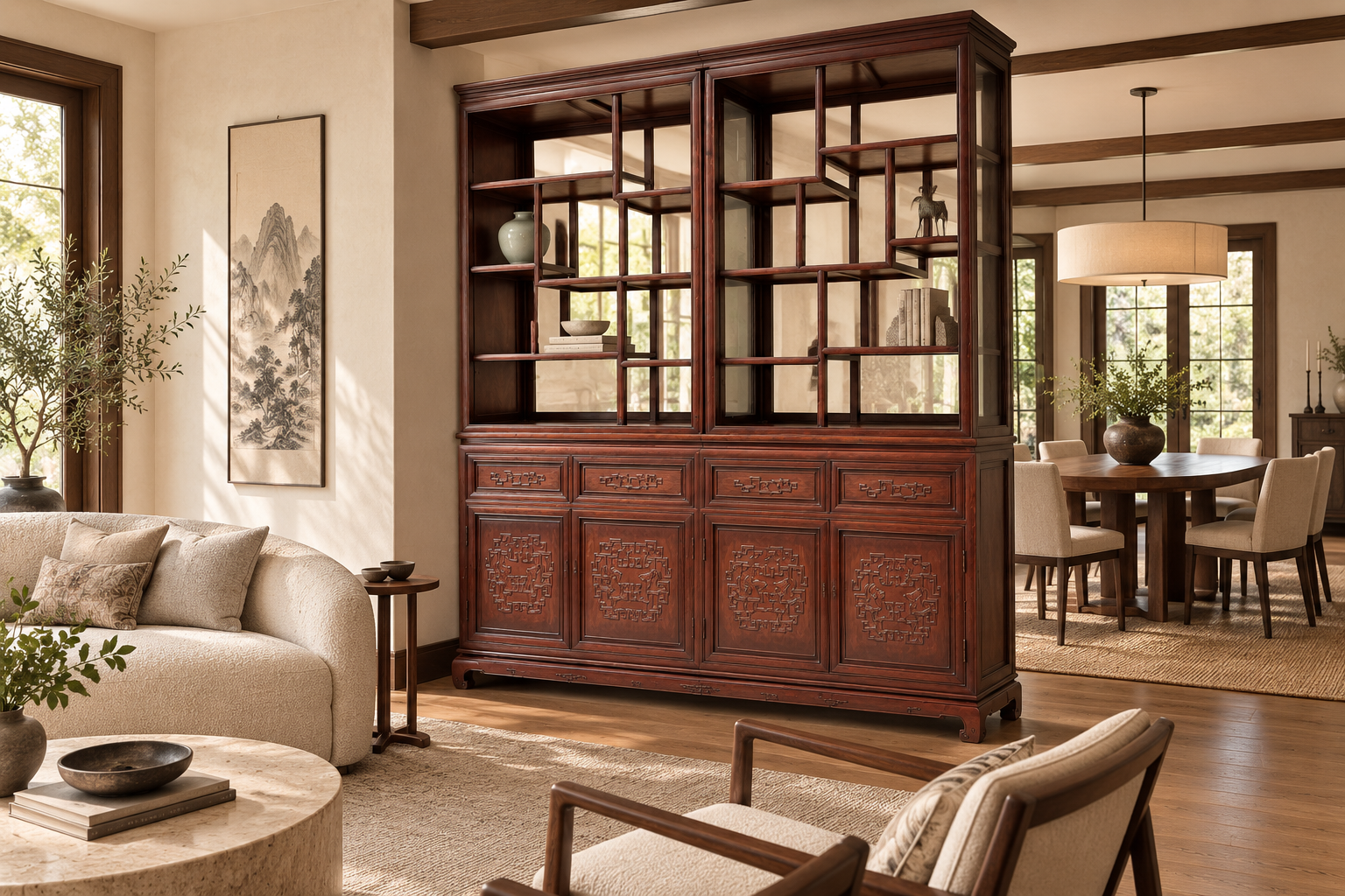 Chinese Rosewood Display Cabinet with Glass Panels
