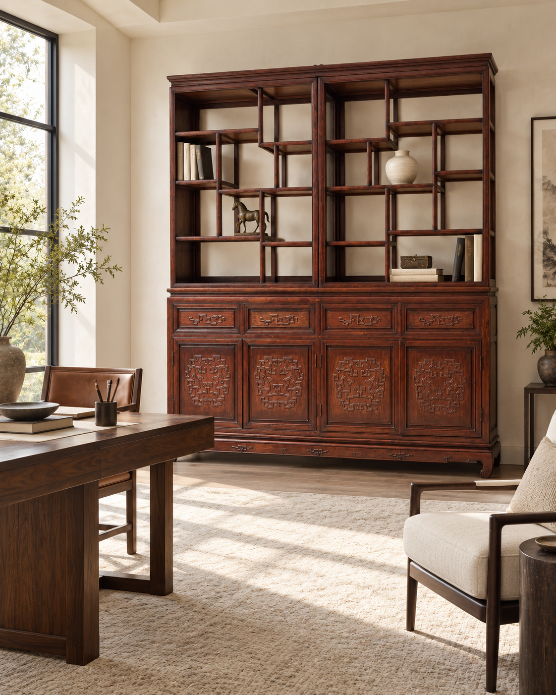 Chinese Rosewood Display Cabinet with Glass Panels