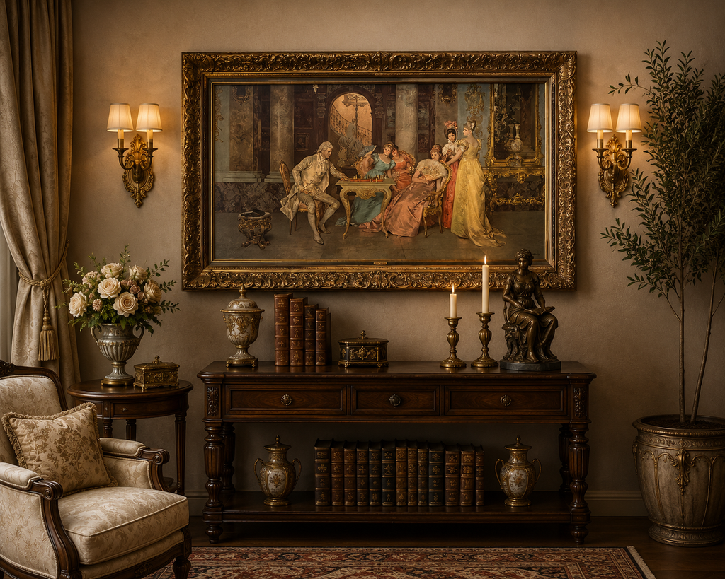Large Vintage European Salon Scene Framed Wall Art | Ornate Gold Frame Classical Interior Print 55” x 31”