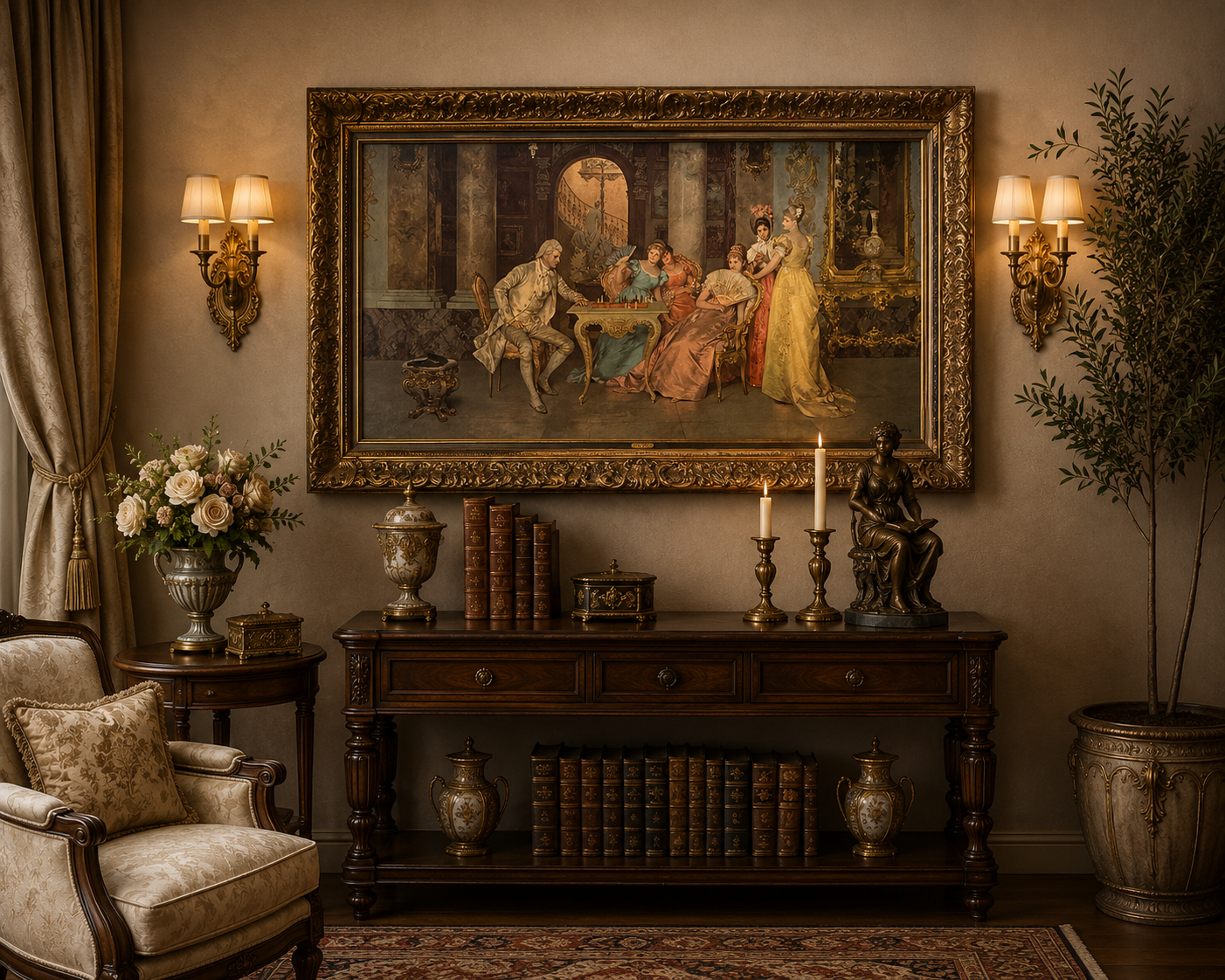 Large Vintage European Salon Scene Framed Wall Art | Ornate Gold Frame Classical Interior Print 55” x 31”