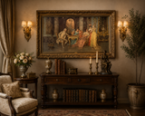 Large Vintage European Salon Scene Framed Wall Art | Ornate Gold Frame Classical Interior Print 55” x 31”