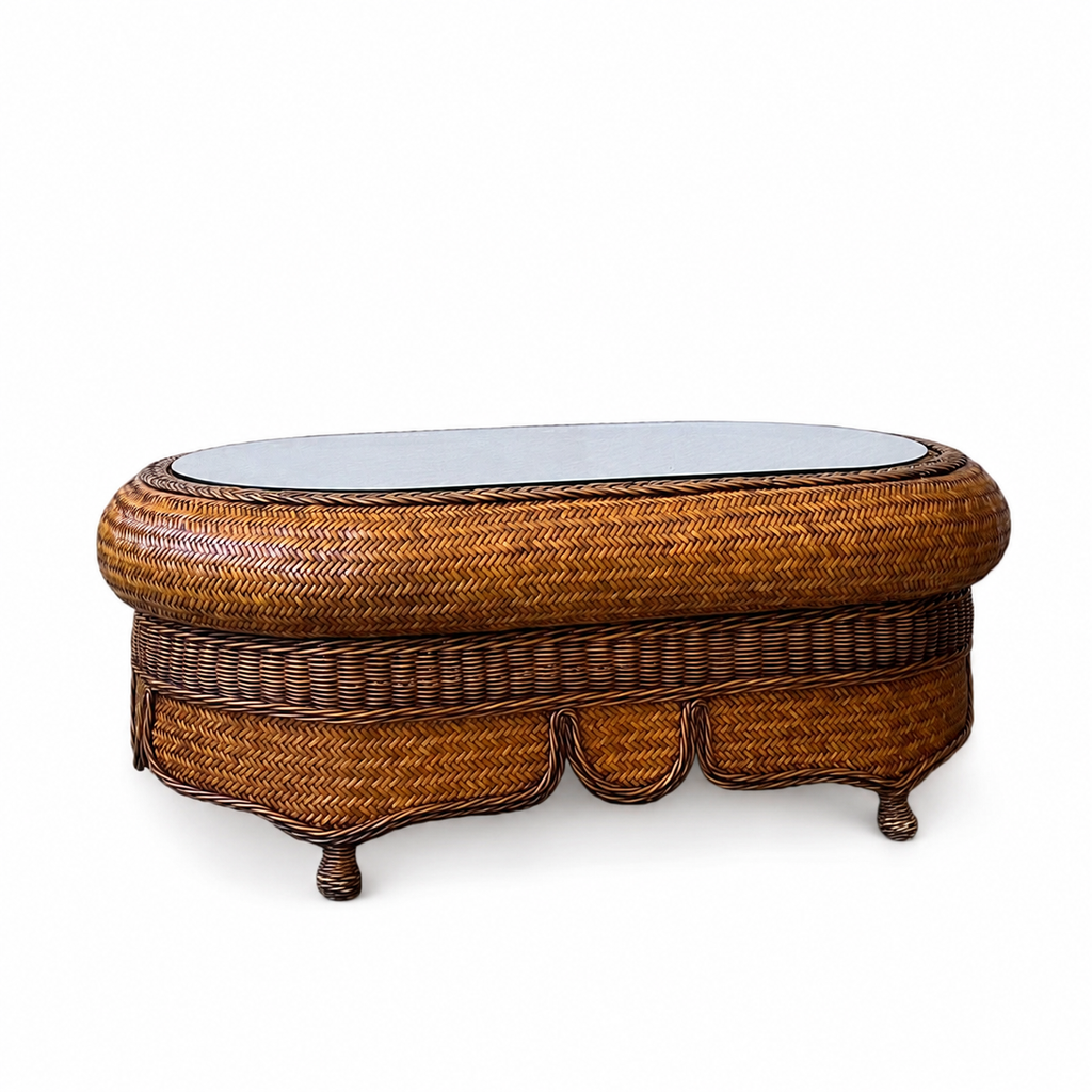 Vintage Bamboo Rattan Rectangle Coffee Table With Glasses