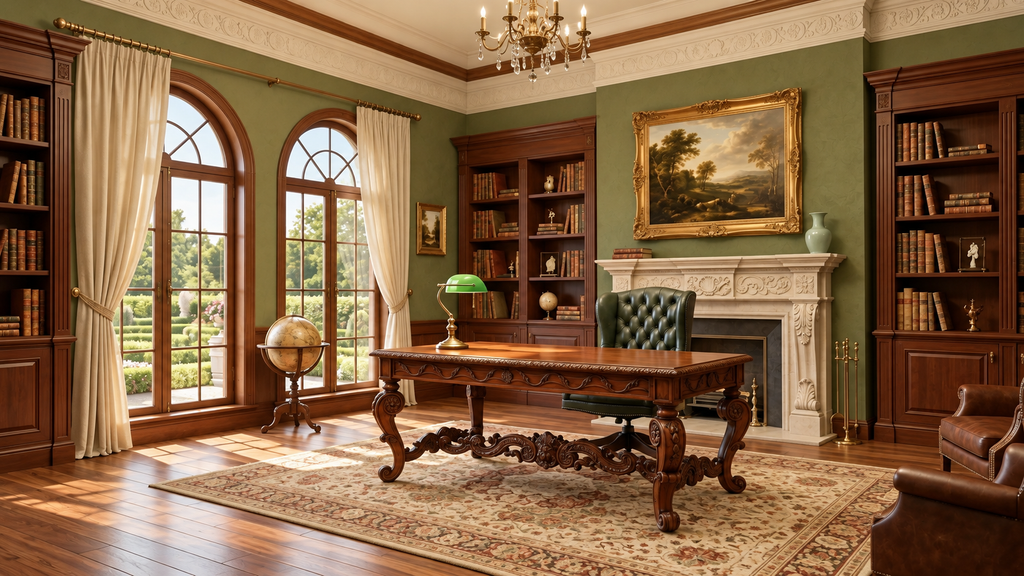 A grand, classic study room featuring a dark wood writing desk and matching chair on a patterned rug, set against green walls with built-in bookshelves, a white fireplace, and tall arched windows with cream drapes.