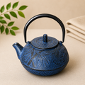Vintage Blue Cast Iron Teapot With Bamboo Pattern