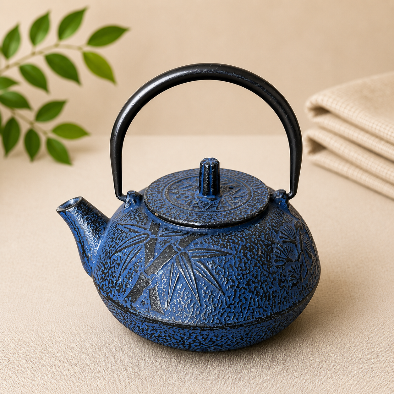Vintage Blue Cast Iron Teapot With Bamboo Pattern