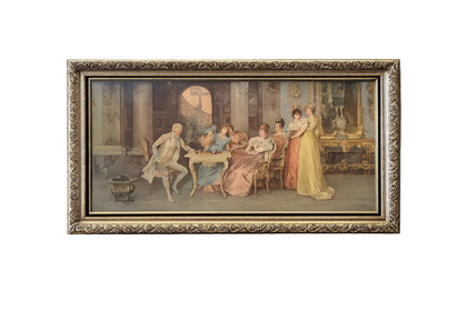 Large Vintage European Salon Scene Framed Wall Art | Ornate Gold Frame Classical Interior Print 55” x 31”