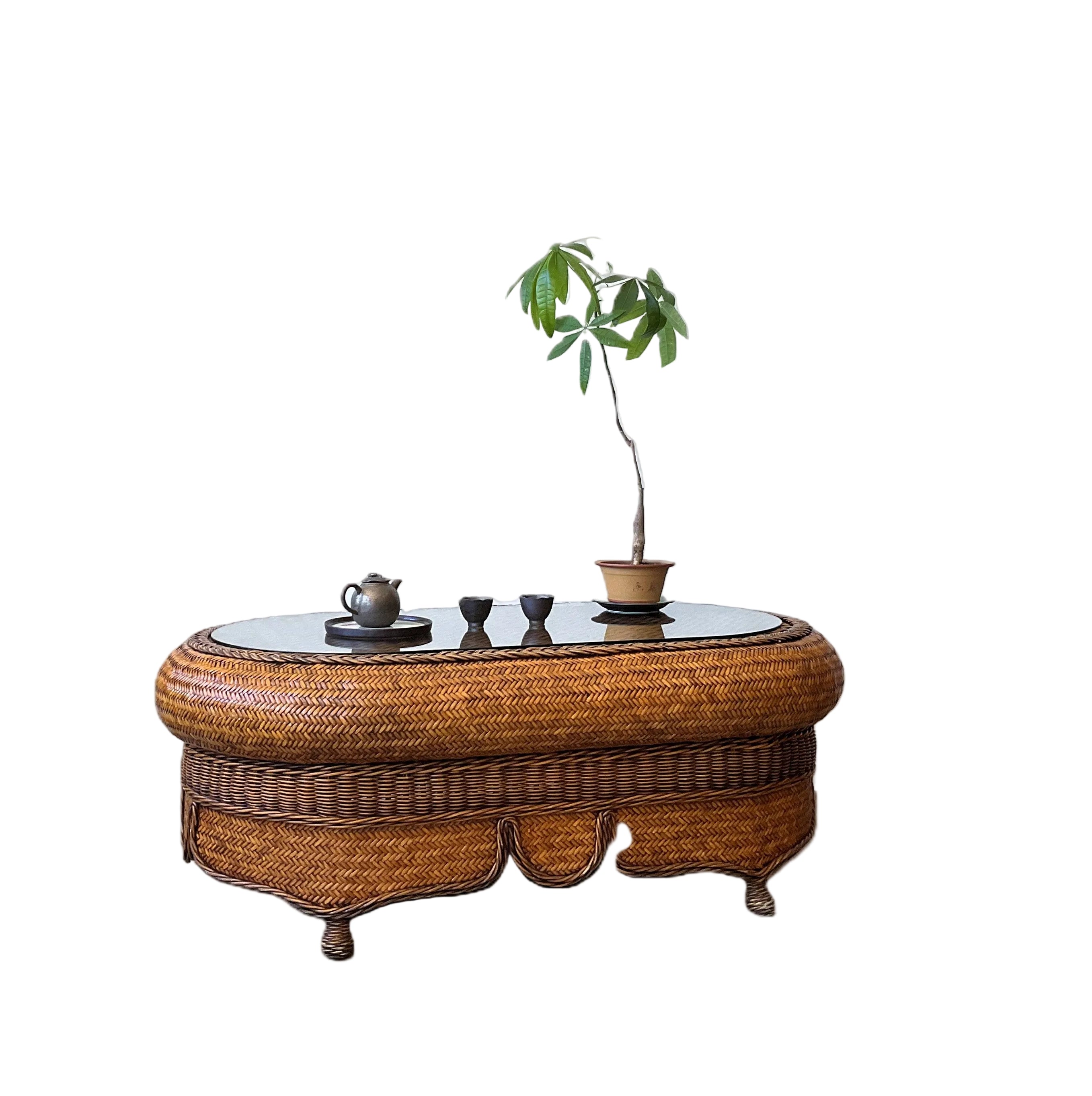 Vintage Bamboo Rattan Rectangle Coffee Table With Glasses