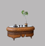 Vintage Bamboo Rattan Rectangle Coffee Table With Glasses