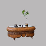 Vintage Bamboo Rattan Rectangle Coffee Table With Glasses