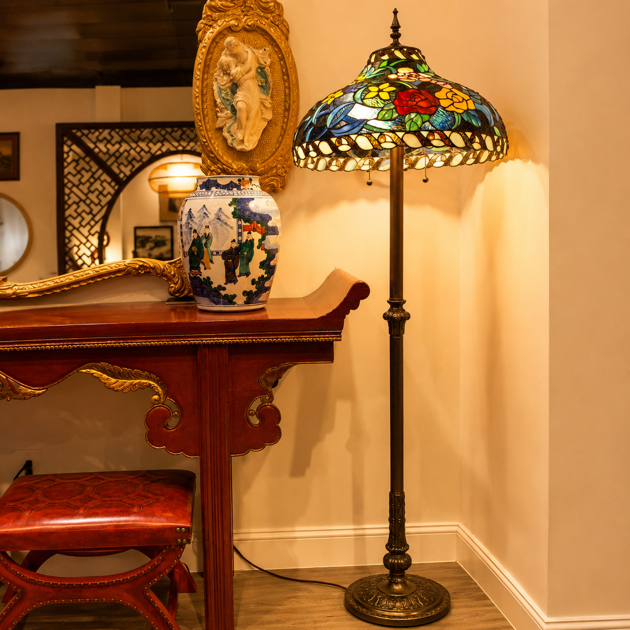 Vintage Tiffany Style Medal Floor Lamp