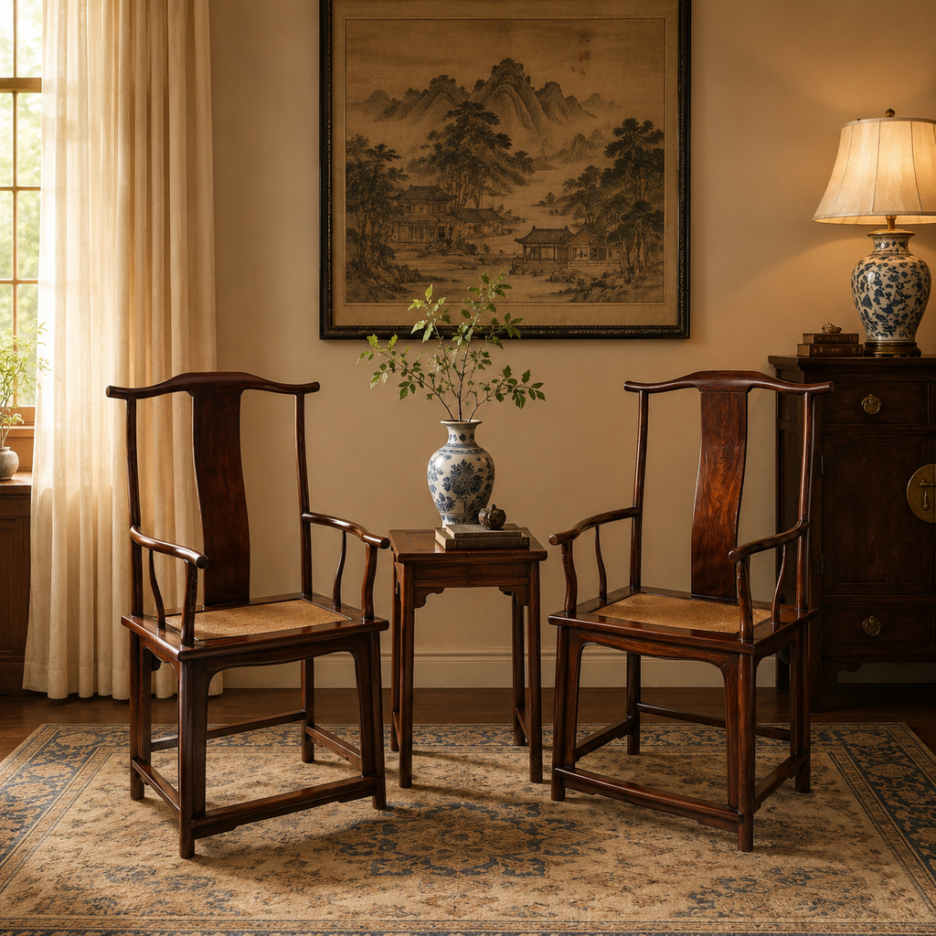 Pair of Chinese Ming Dynasty Rosewood Armchairs with Rattan Seats