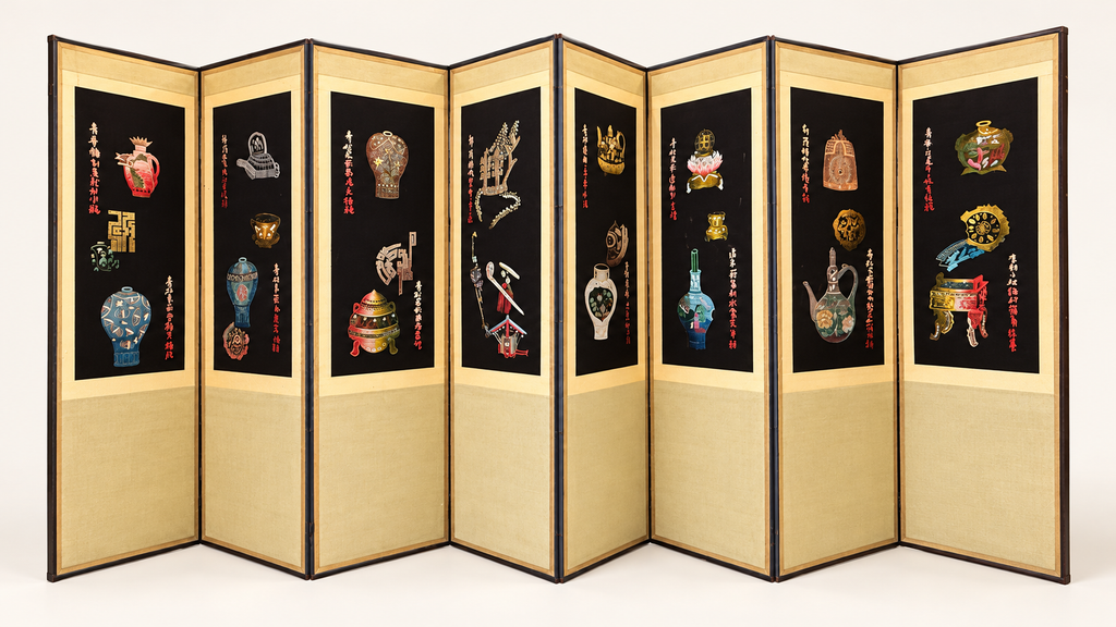 Eight-Panel Double-Sided Folding Screen with Embroidery & Calligraphy