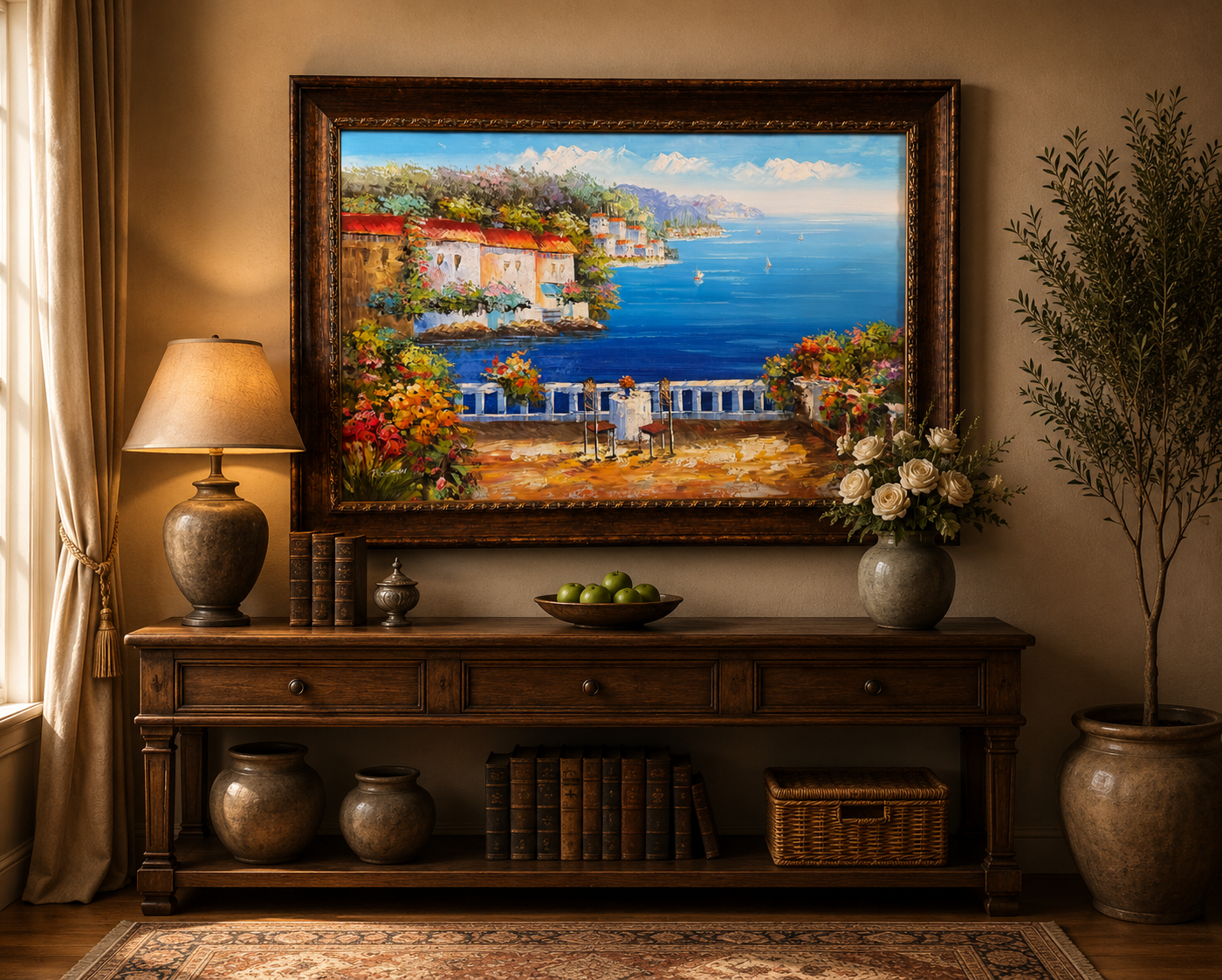 Mediterranean Coastal Village Oil Painting Seascape Landscape 41''x29''