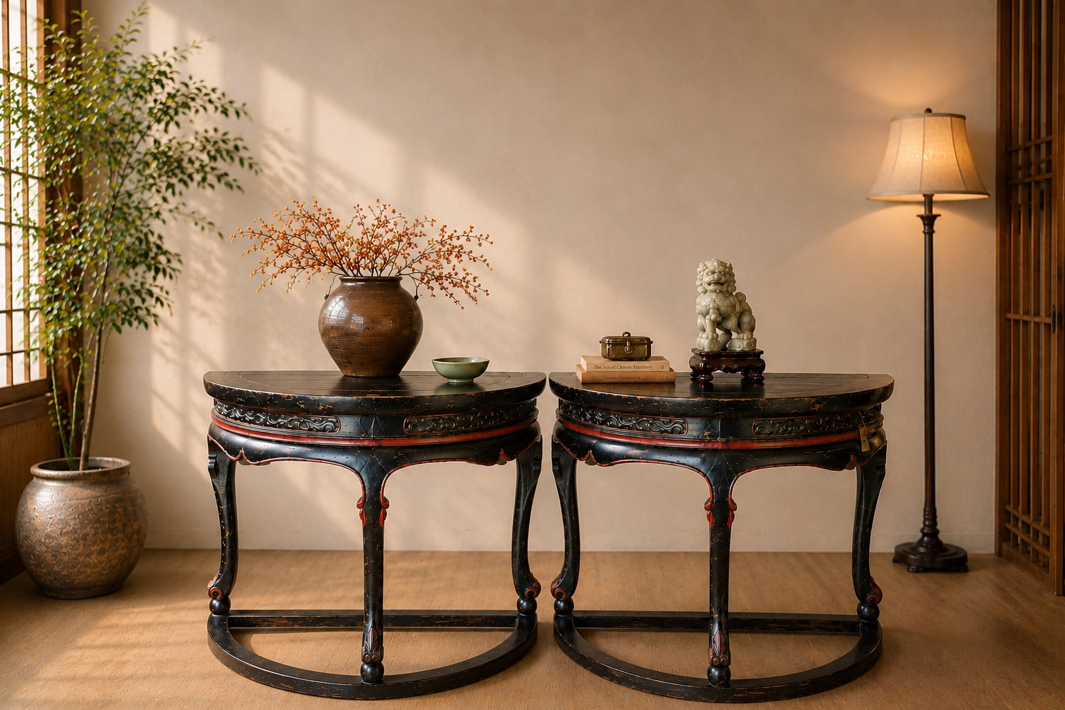 Pair of Vintage Chinese Black Lacquer Demi-Lune Tables