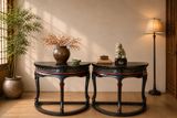 Pair of Vintage Chinese Black Lacquer Demi-Lune Tables