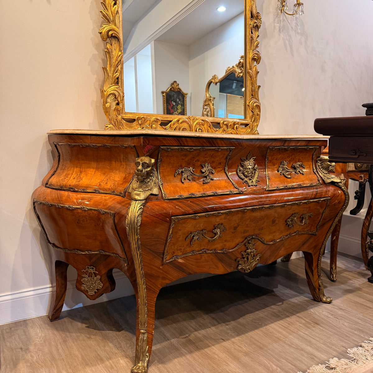 French Louis XV Style Inlaid Marble-Top Bombé Commode