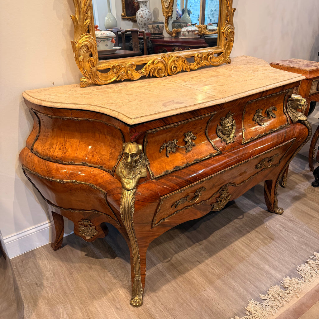 French Louis XV Style Inlaid Marble-Top Bombé Commode
