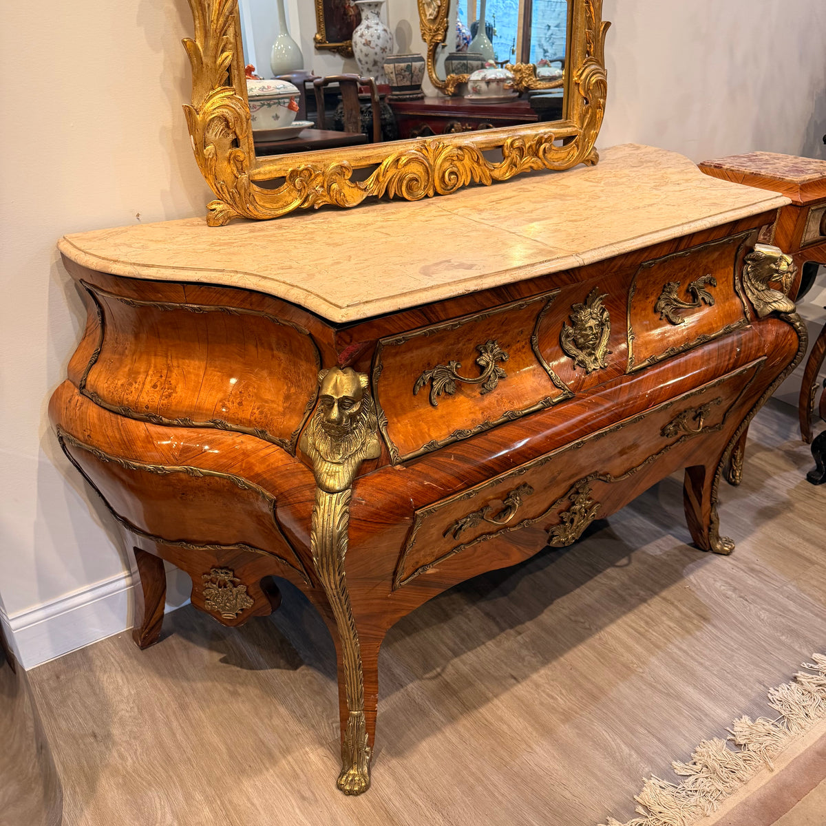 French Louis XV Style Inlaid Marble-Top Bombé Commode