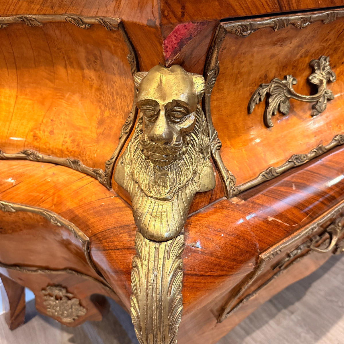 French Louis XV Style Inlaid Marble-Top Bombé Commode