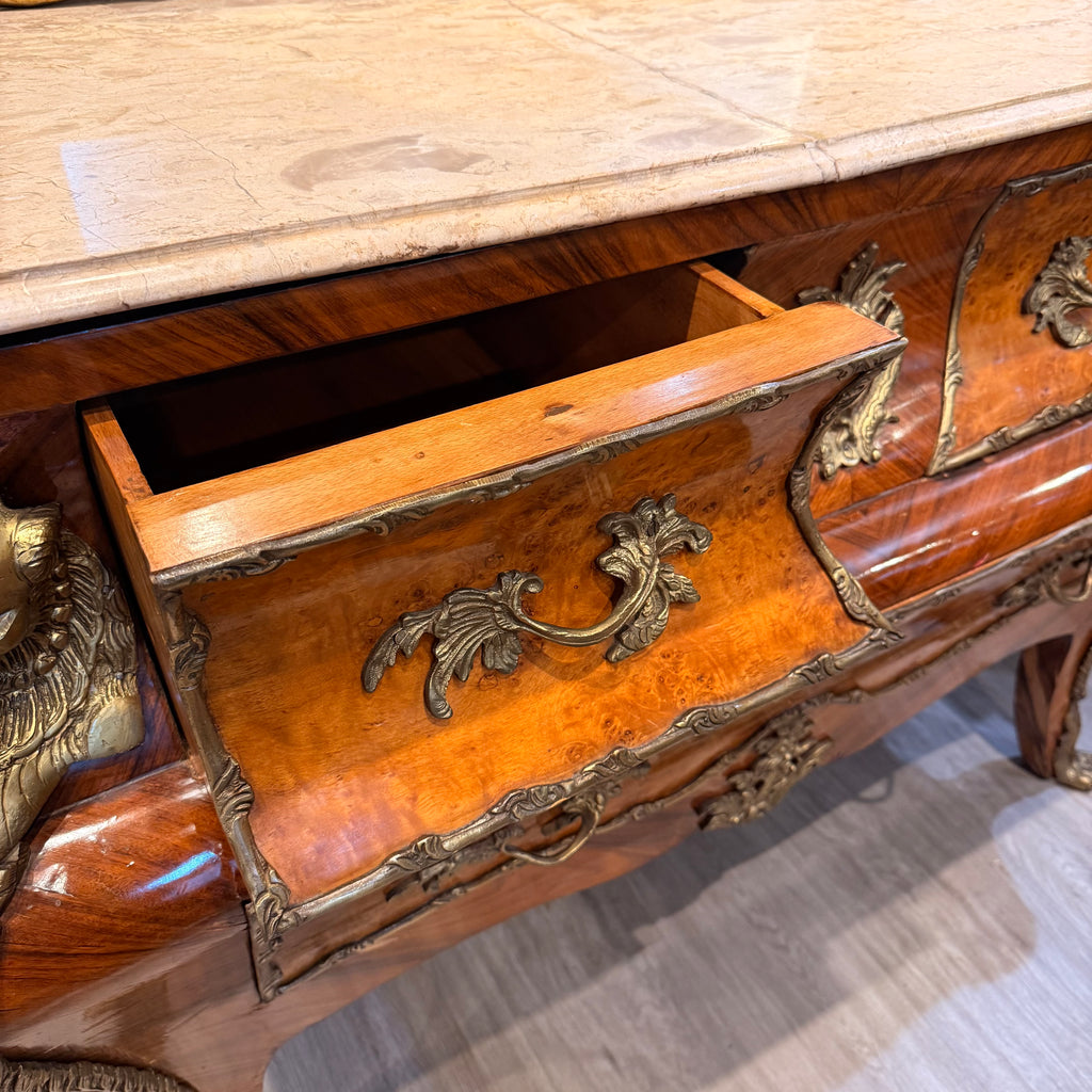 French Louis XV Style Inlaid Marble-Top Bombé Commode
