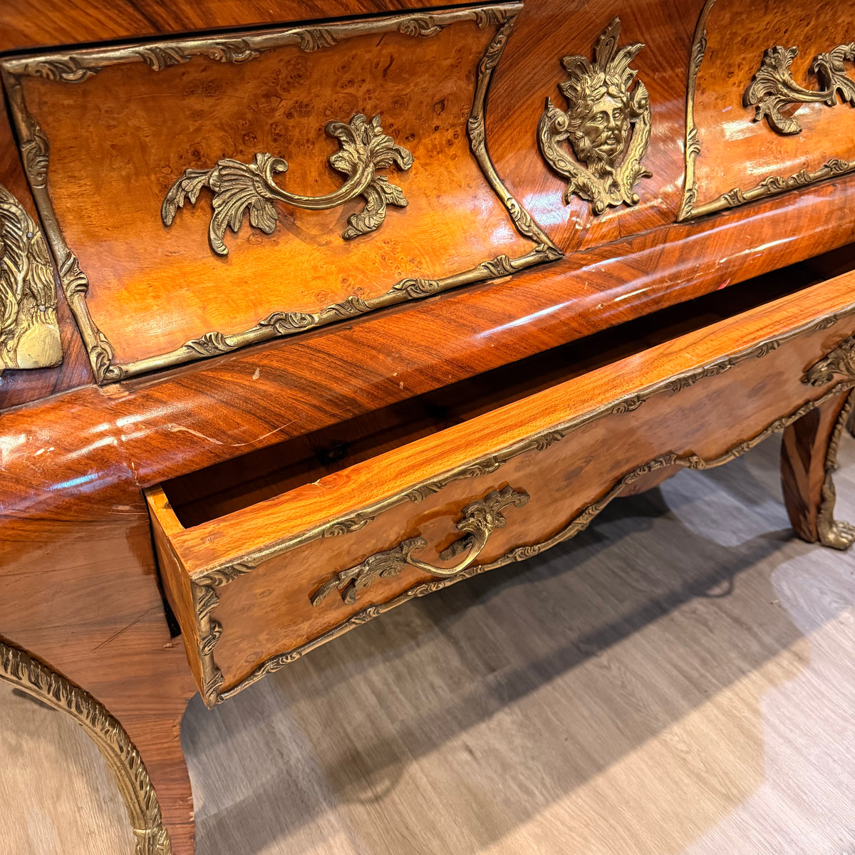 French Louis XV Style Inlaid Marble-Top Bombé Commode