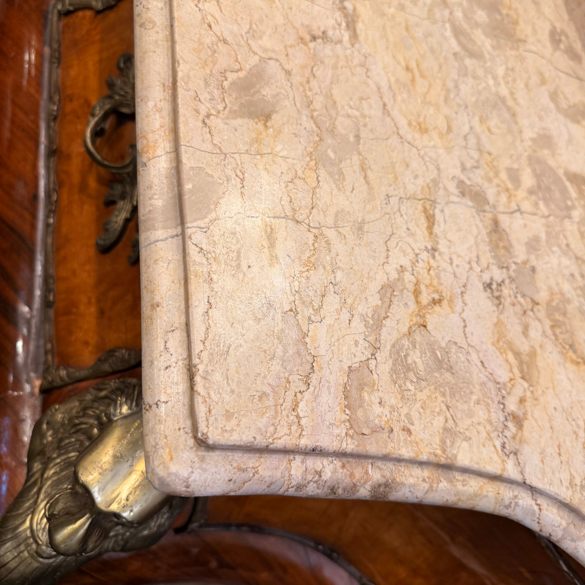 French Louis XV Style Inlaid Marble-Top Bombé Commode