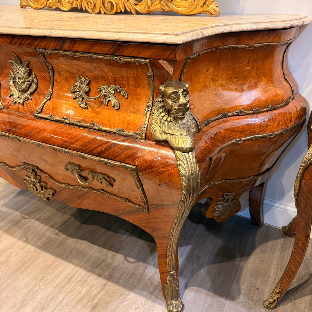 French Louis XV Style Inlaid Marble-Top Bombé Commode