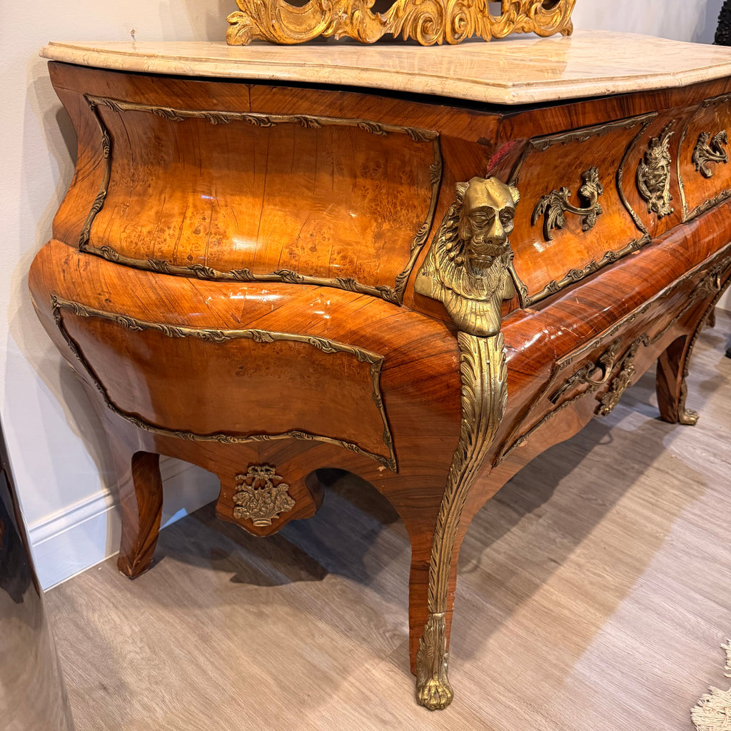 French Louis XV Style Inlaid Marble-Top Bombé Commode