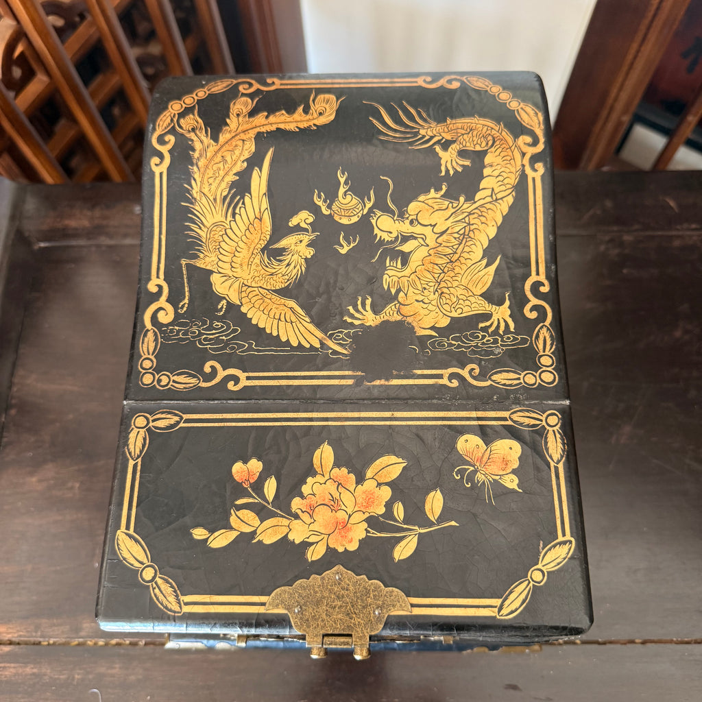 Black Lacquer Dragon & Phoenix Jewelry Box with Folding Mirror and Drawers