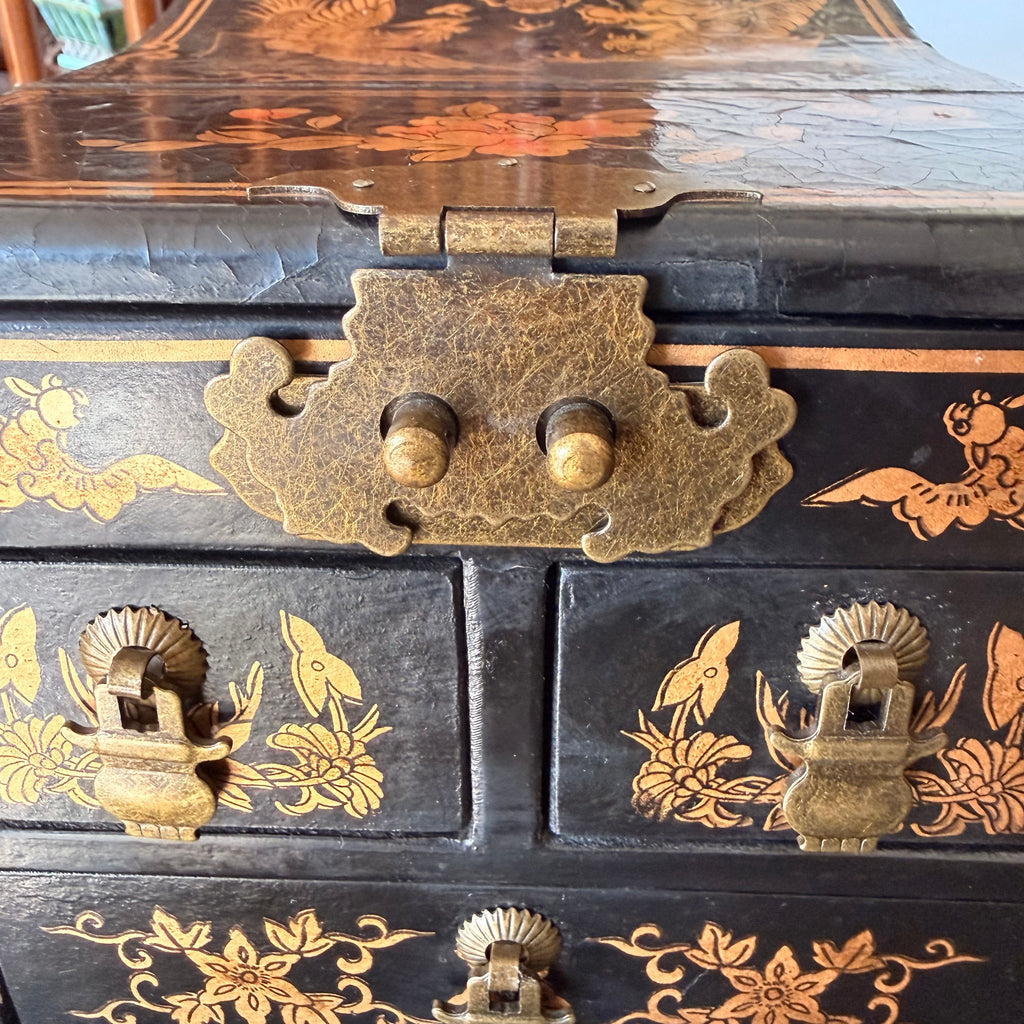 Black Lacquer Dragon & Phoenix Jewelry Box with Folding Mirror and Drawers