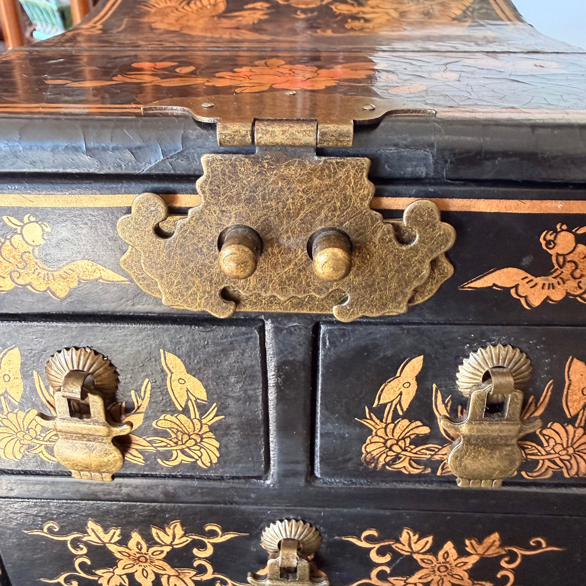 Black Lacquer Dragon & Phoenix Jewelry Box with Folding Mirror and Drawers