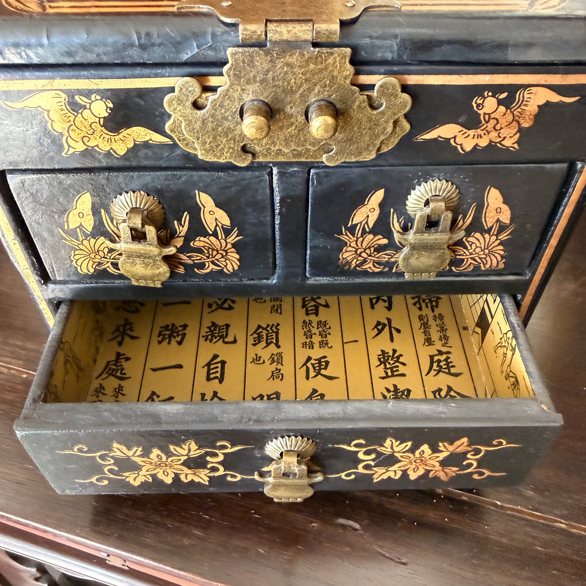 Black Lacquer Dragon & Phoenix Jewelry Box with Folding Mirror and Drawers