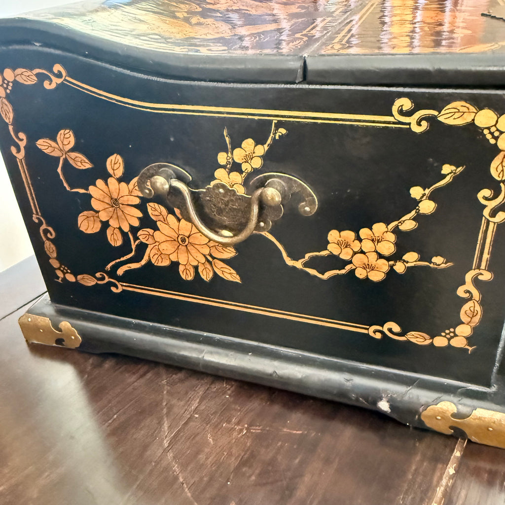 Black Lacquer Dragon & Phoenix Jewelry Box with Folding Mirror and Drawers
