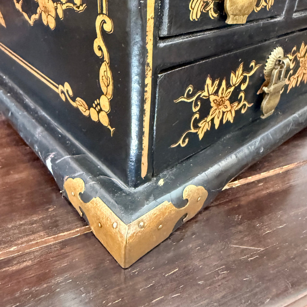 Black Lacquer Dragon & Phoenix Jewelry Box with Folding Mirror and Drawers