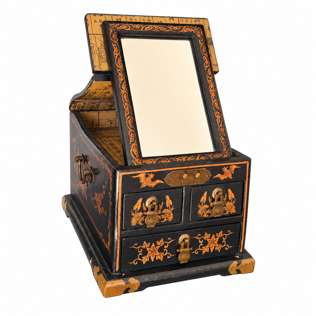Black Lacquer Dragon & Phoenix Jewelry Box with Folding Mirror and Drawers