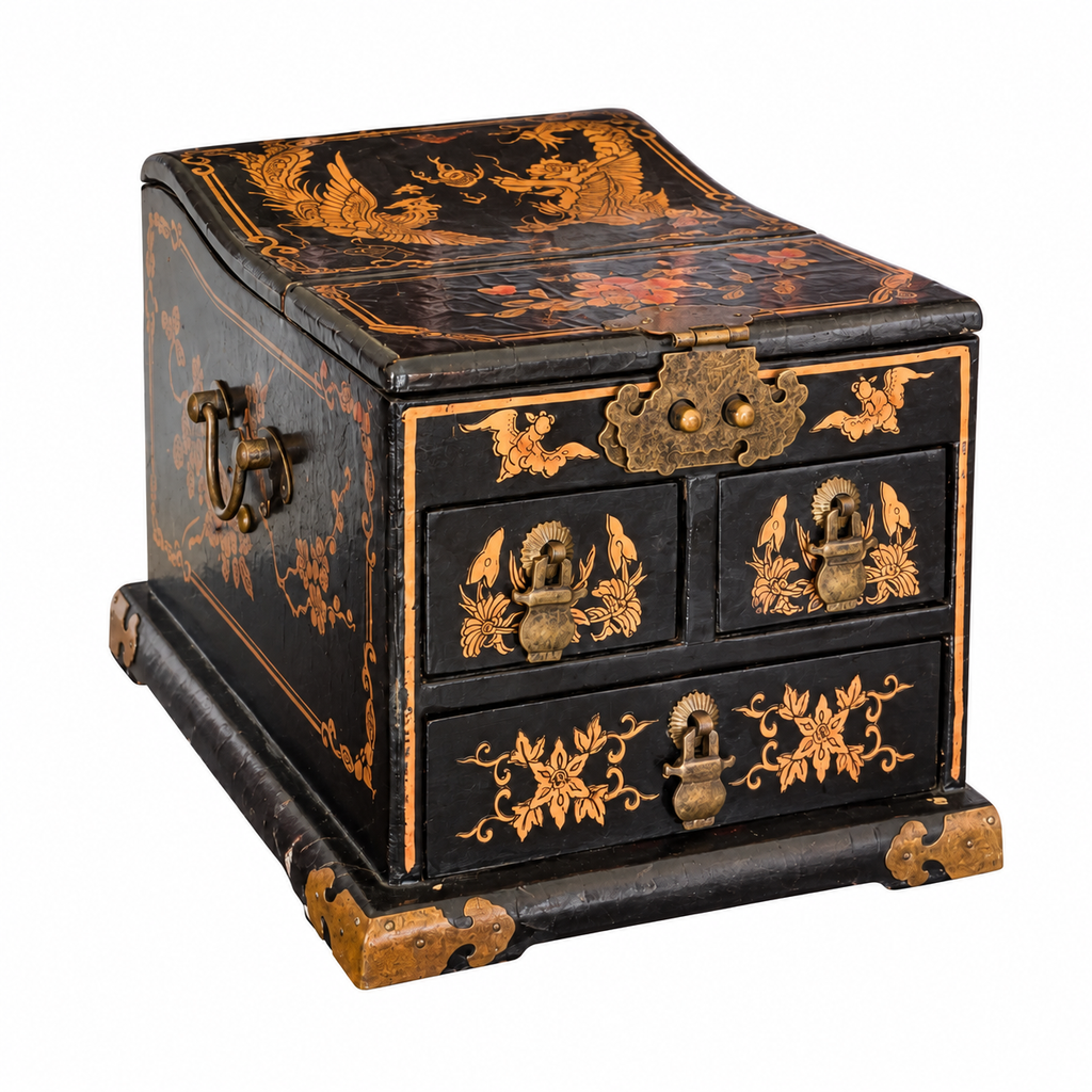 Black Lacquer Dragon & Phoenix Jewelry Box with Folding Mirror and Drawers