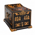 Black Lacquer Dragon & Phoenix Jewelry Box with Folding Mirror and Drawers