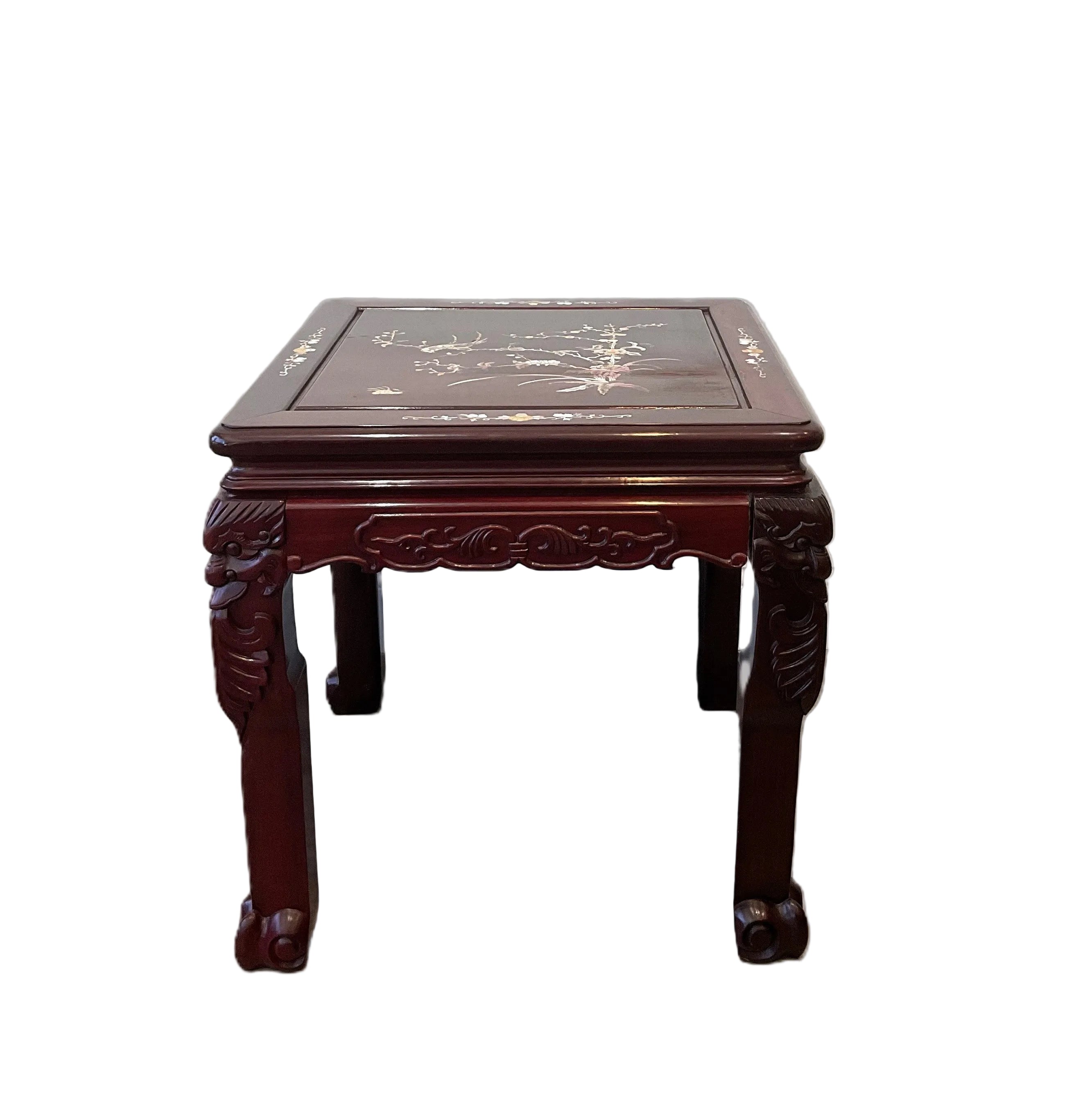 Vintage Chinese Rosewood Carved Inlaid Mother of Pearl Side Table Stool Plant Stand Pedestal