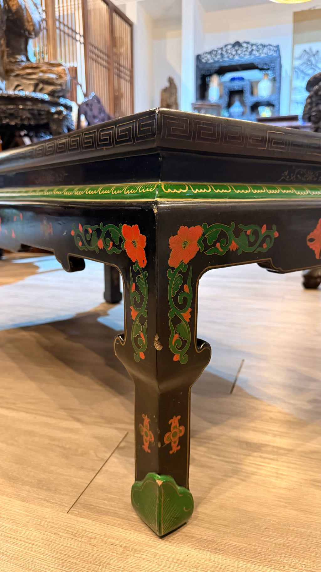 Black Lacquer Table with Dual Enameled Copper Inlaid Tops