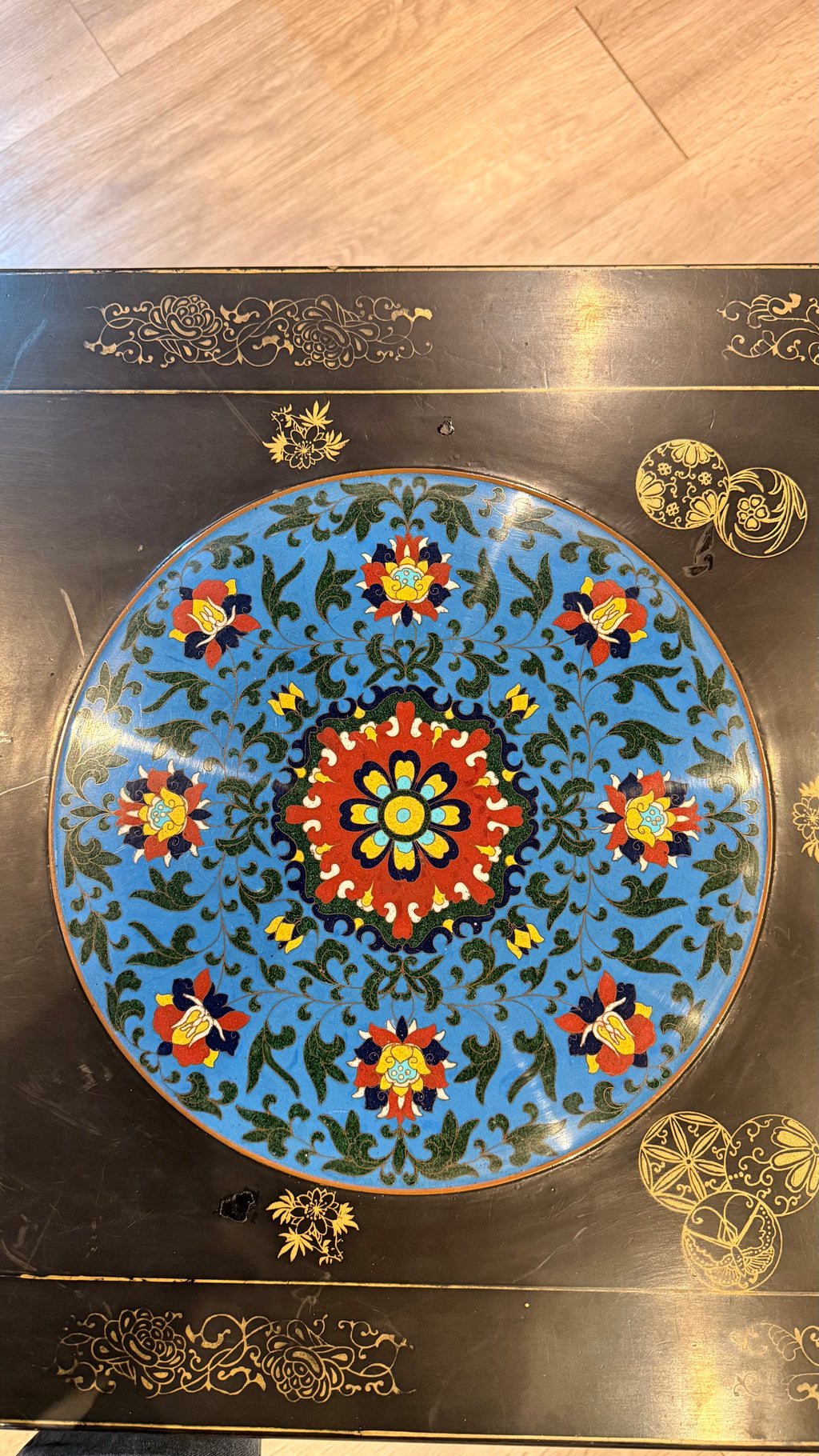 Black Lacquer Table with Dual Enameled Copper Inlaid Tops