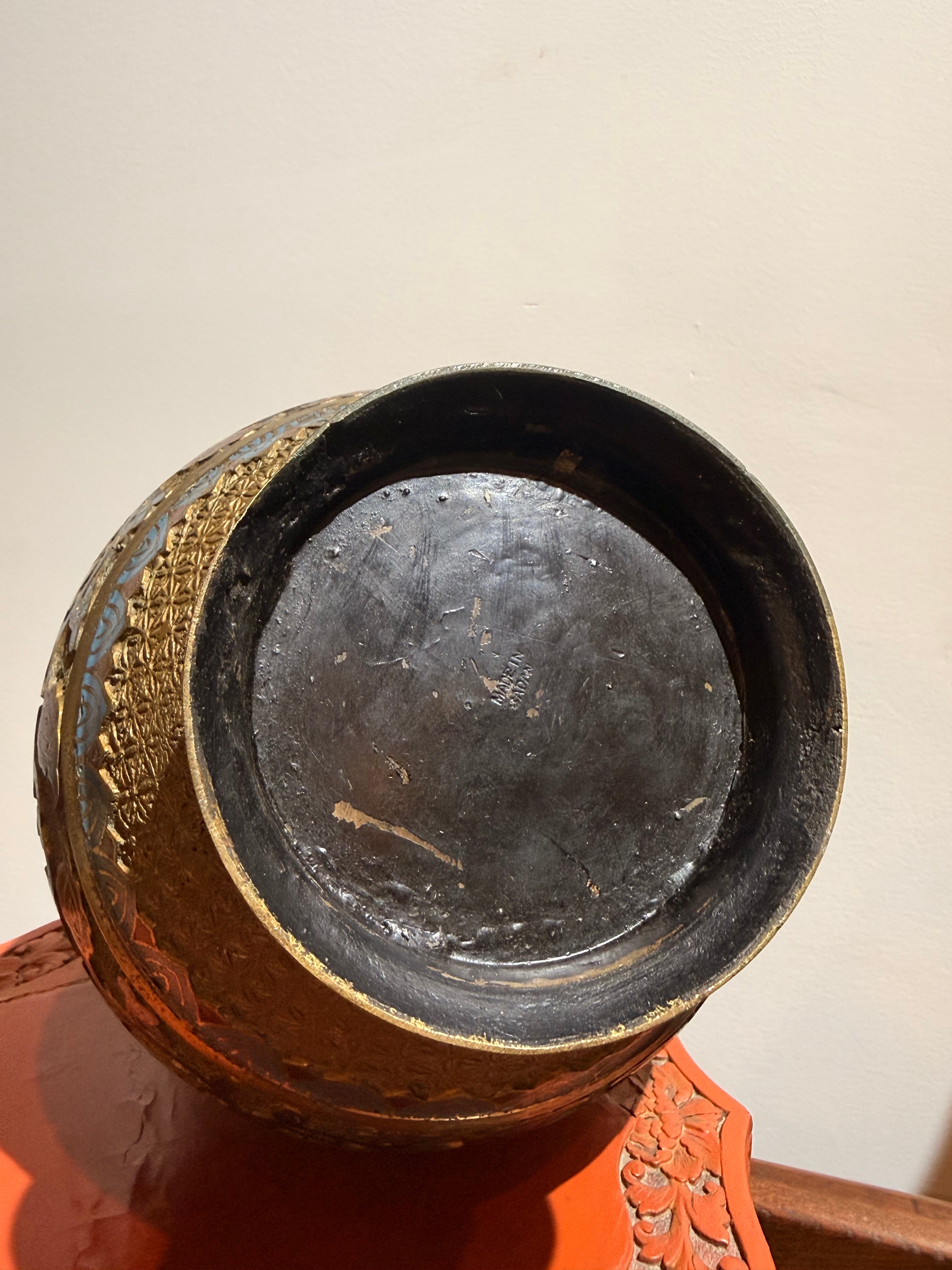 Vintage Japanese Bronze Vase with Enamel Floral Design