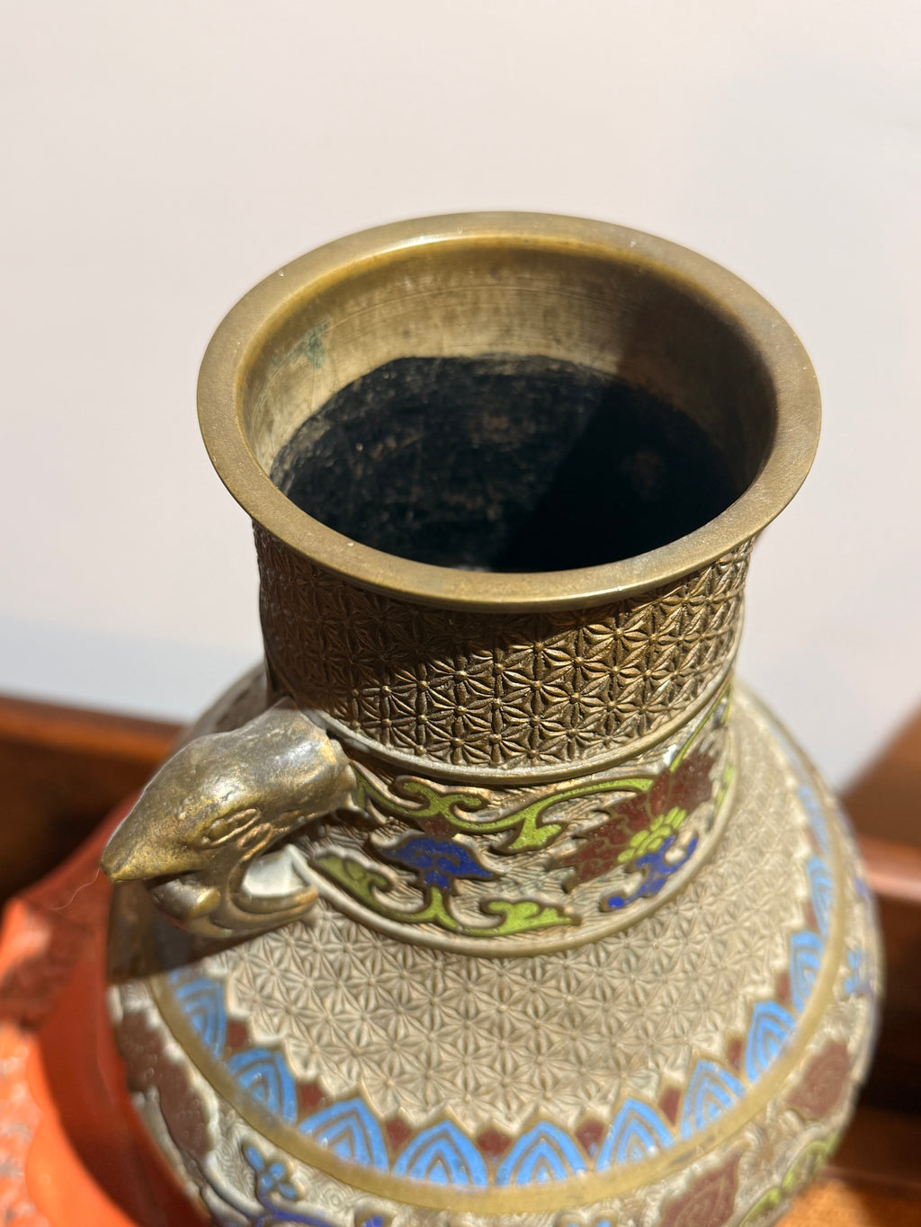 Vintage Japanese Bronze Vase with Enamel Floral Design